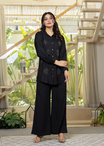 Black Solid Viscose Shirt with Beads Work
