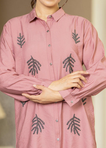 Dusty Pink Solid Viscose Shirt with Beads Work