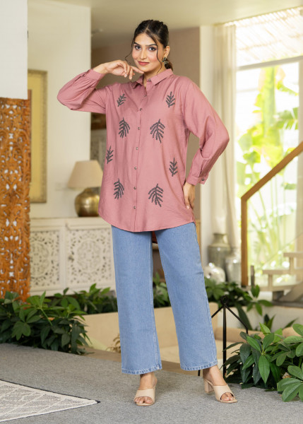Dusty Pink Solid Viscose Shirt with Beads Work