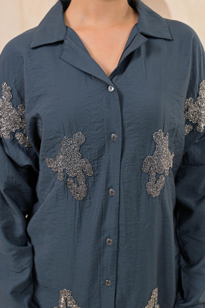 Grey Solid Viscose Shirt with Beads Work