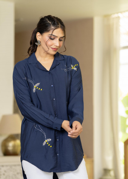 Navy Solid Viscose Shirt with Beads Work