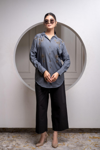 Viscose Grey Embellished Shirt with Sequin & Bead Details