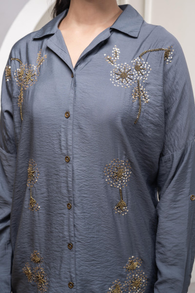 Viscose Grey Embellished Shirt with Sequin & Bead Details