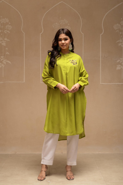 Viscose Lime Green Embellished Shirt with Sequin & Bead Details
