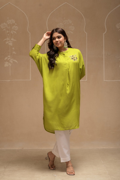 Viscose Lime Green Embellished Shirt with Sequin & Bead Details