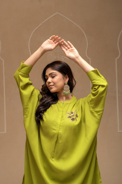 Viscose Lime Green Embellished Shirt with Sequin & Bead Details