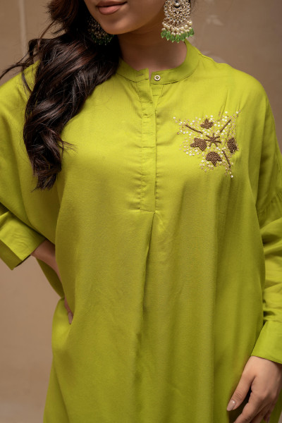 Viscose Lime Green Embellished Shirt with Sequin & Bead Details
