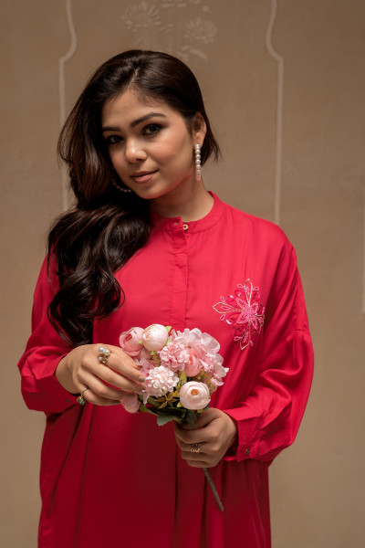 Viscose Fuchsia Embellished Shirt with Sequin & Bead Details