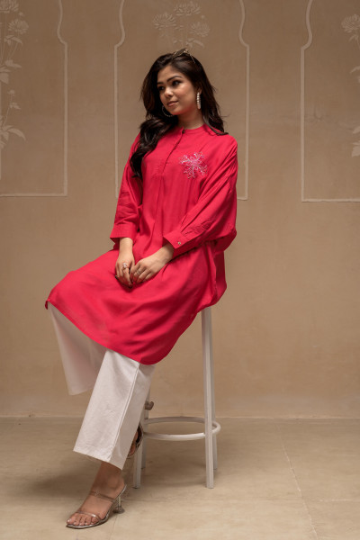 Viscose Fuchsia Embellished Shirt with Sequin & Bead Details