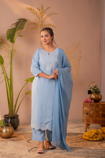 Blue Embroidered Cotton Kurta Pant Set