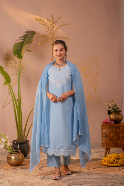 Blue Embroidered Cotton Kurta Pant Set