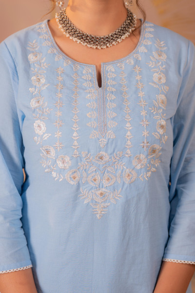 Blue Embroidered Cotton Kurta Pant Set