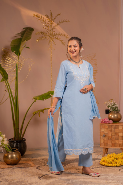 Blue Embroidered Cotton Kurta Pant Set