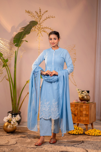 Powder Blue Embroidered A-Line Kurta Set with Dupatta