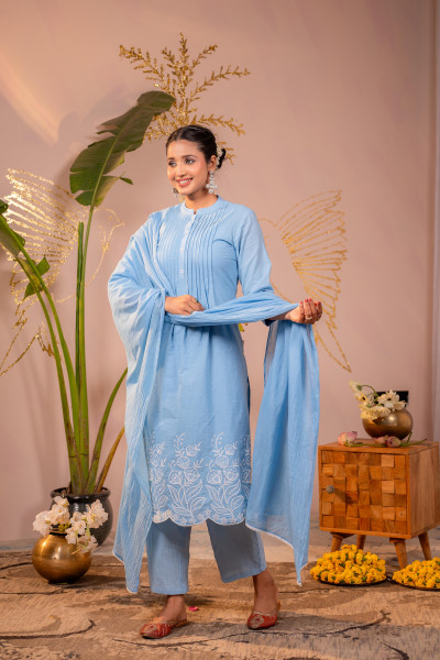 Powder Blue Embroidered A-Line Kurta Set with Dupatta