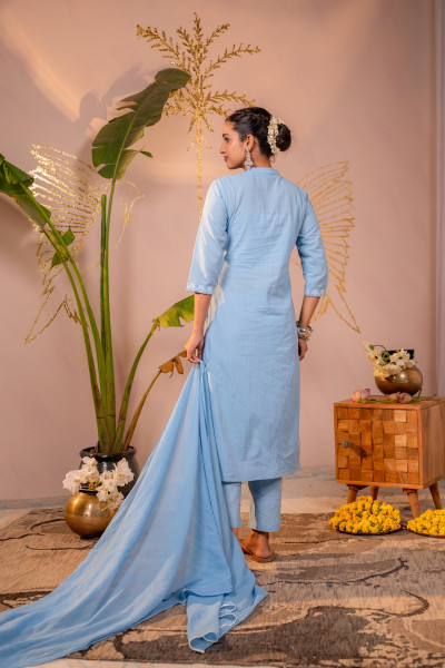 Powder Blue Embroidered A-Line Kurta Set with Dupatta