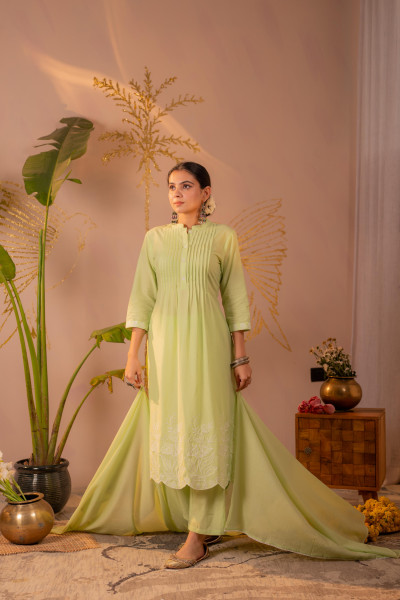 Green Embroidered A-Line Kurta Set with Dupatta