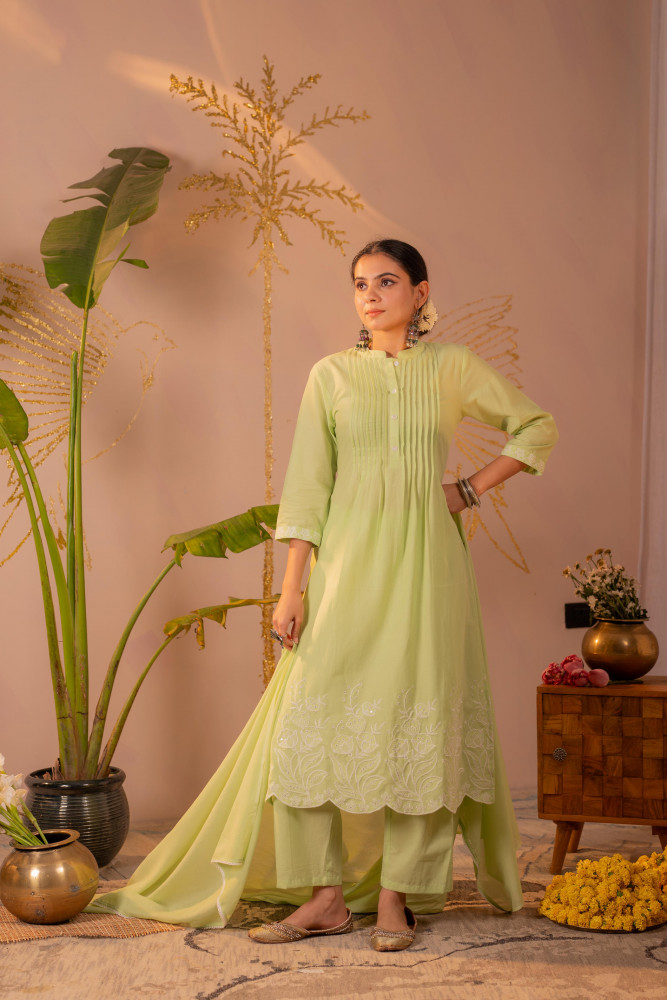 Green Embroidered A-Line Kurta Set with Dupatta