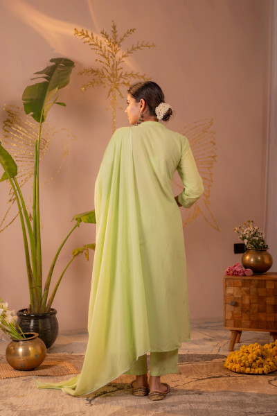 Green Embroidered A-Line Kurta Set with Dupatta