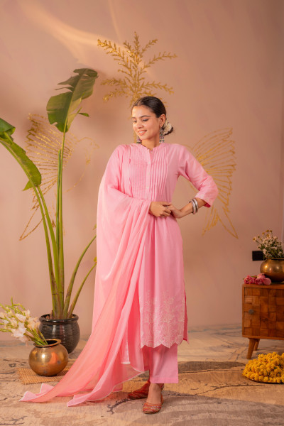 Pink Embroidered A-Line Kurta Set with Dupatta
