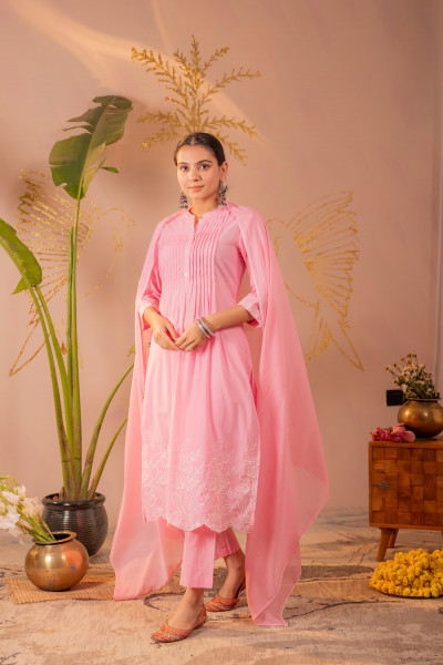 Pink Embroidered A-Line Kurta Set with Dupatta
