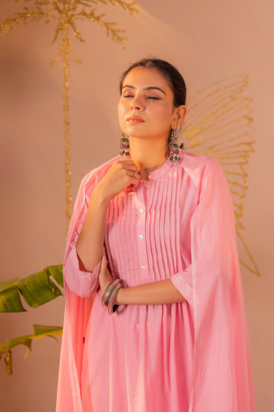 Pink Embroidered A-Line Kurta Set with Dupatta