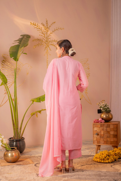 Pink Embroidered A-Line Kurta Set with Dupatta