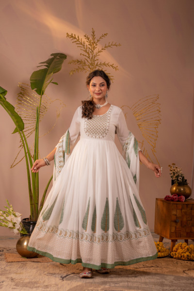 White &amp; Green Leaf Printed Anarkali Dress Set