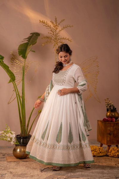 White & Green Leaf Printed Anarkali Dress Set