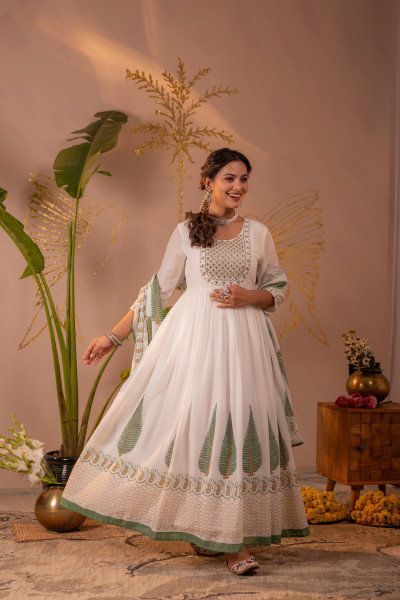 White & Green Leaf Printed Anarkali Dress Set