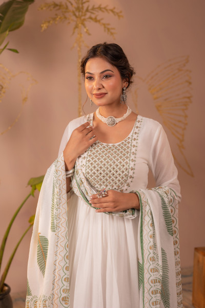 White & Green Leaf Printed Anarkali Dress Set