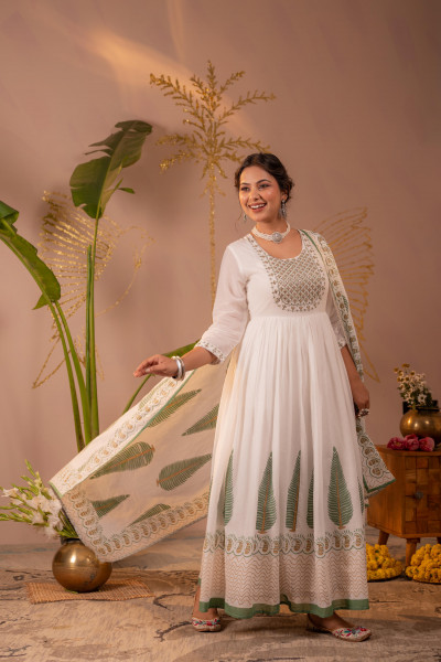 White & Green Leaf Printed Anarkali Dress Set
