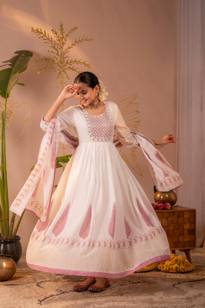 White & Purple Floral Printed Anarkali Dress Set