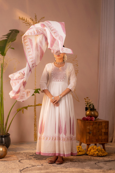 White & Purple Floral Printed Anarkali Dress Set