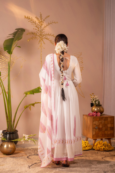 White & Purple Floral Printed Anarkali Dress Set