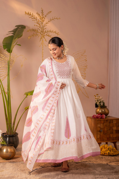 White &amp; Purple Floral Printed Anarkali Dress Set