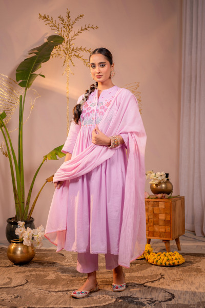 Lavender Embroidered Kurta Set with Dupatta