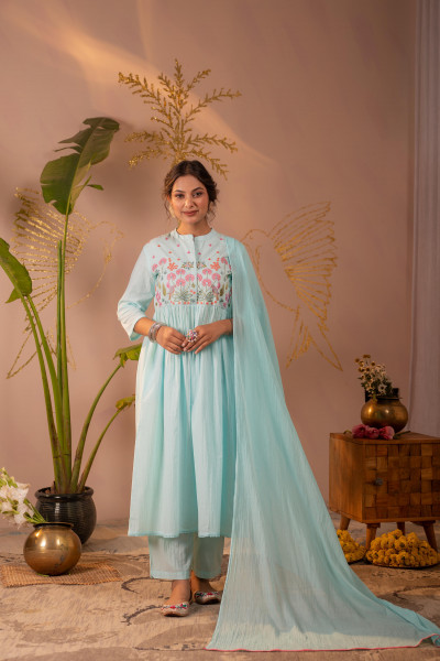 Sky Blue Embroidered Kurta Set with Dupatta