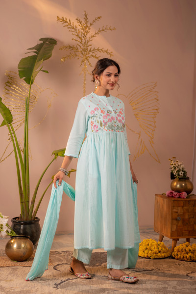 Sky Blue Embroidered Kurta Set with Dupatta