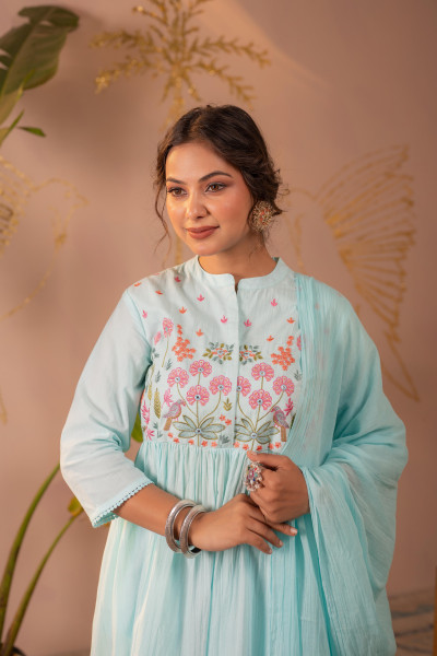 Sky Blue Embroidered Kurta Set with Dupatta