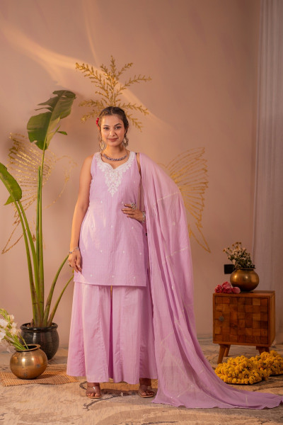 Lavender Embroidered Cotton Kurta Sharara Set