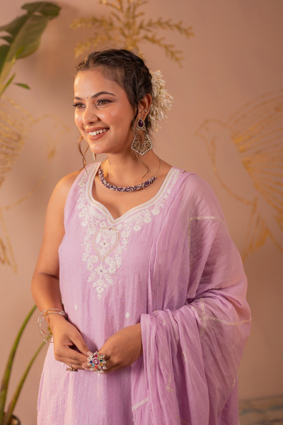 Lavender Embroidered Cotton Kurta Sharara Set