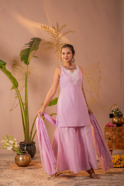 Lavender Embroidered Cotton Kurta Sharara Set