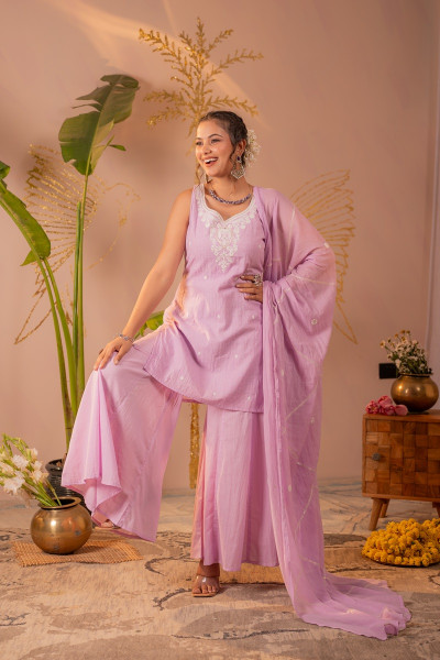 Lavender Embroidered Cotton Kurta Sharara Set