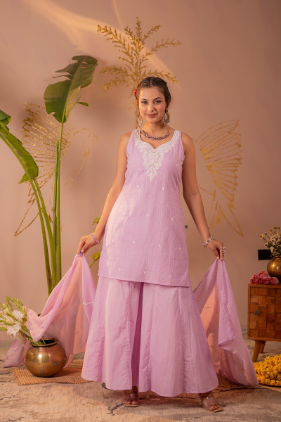 Lavender Embroidered Cotton Kurta Sharara Set