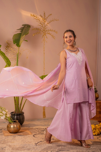 Lavender Embroidered Cotton Kurta Sharara Set