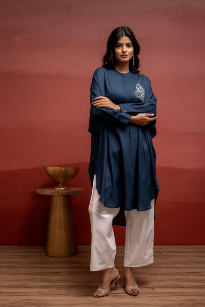 Viscose Blue Embellished Shirt with Sequin & Bead Details