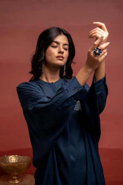 Viscose Blue Embellished Shirt with Sequin & Bead Details
