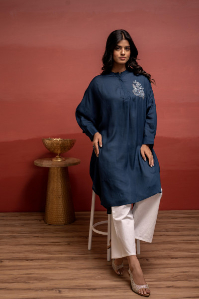 Viscose Blue Embellished Shirt with Sequin & Bead Details