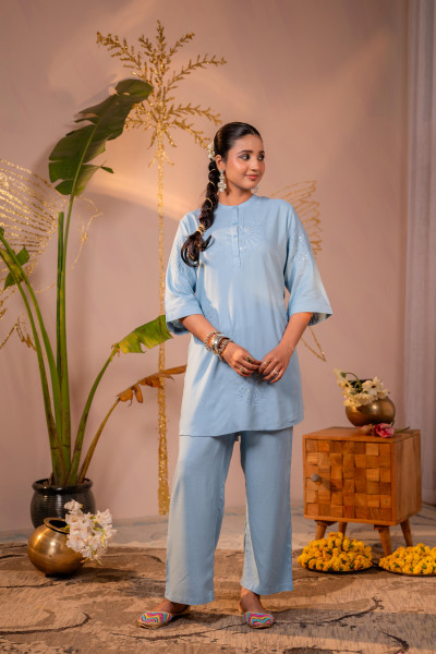Blue Whisper Embroidered Comfort Co-ord